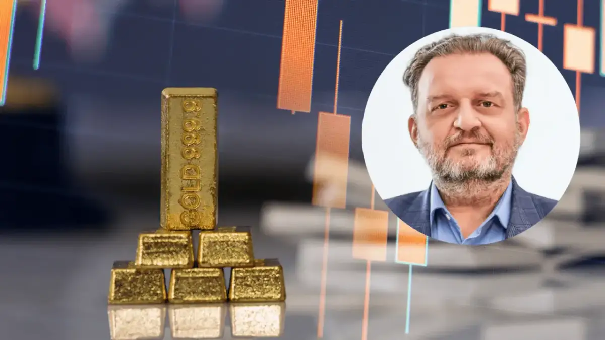 Sztabki złota na tle wykresu giełdowego i portret mężczyzny. Czy opłaca się inwestować w złoto?