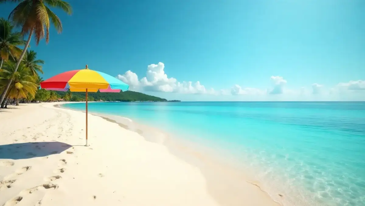 Rajska plaża z palmami i kolorowym parasolem. Idealne miejsce na wakacje, kiedy Dominikana jest najtaniej.