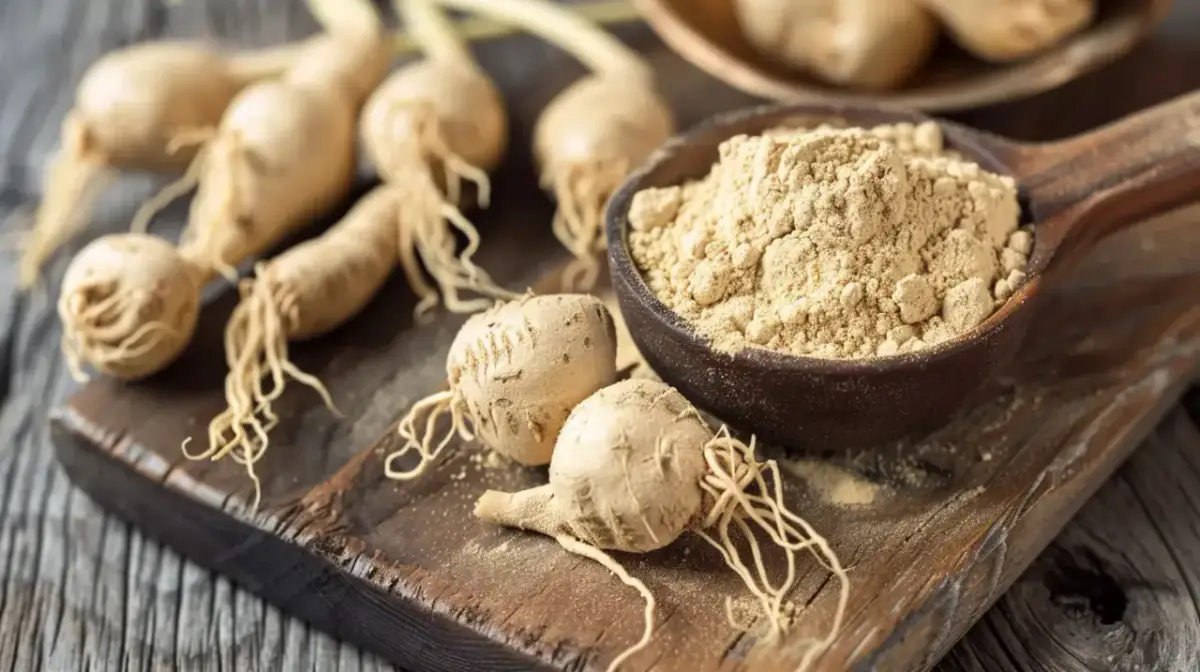 Korzeń maca na co? Oto świeże korzenie i proszek maca na drewnianej desce.