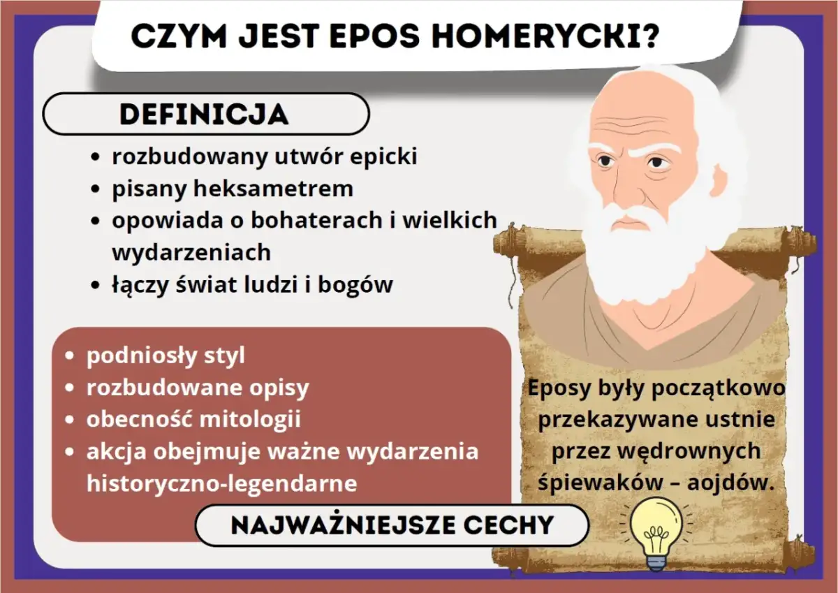 Heksametr co to? Eposy to rozbudowane utwory epickie, pisane podniosłym stylem, opowiadające o bohaterach i ważnych wydarzeniach. Łączą świat ludzi i bogów.