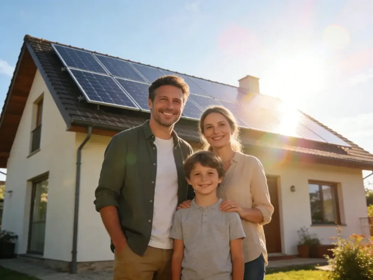 Szczęśliwa rodzina przed domem z panelami fotowoltaicznymi. Dowiedz się, jakie dofinansowanie do fotowoltaiki jest dostępne!