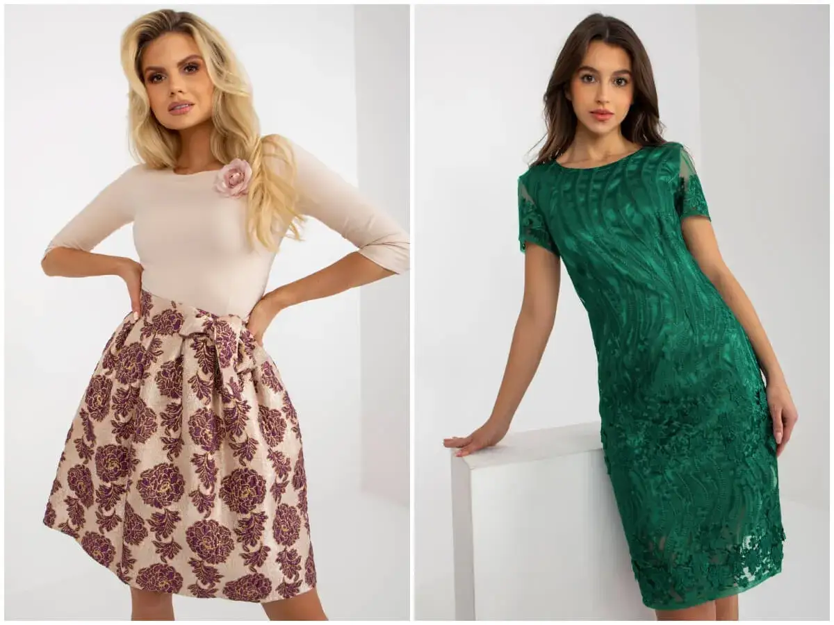 Dwie kobiety prezentują zjawiskowe suknie wieczorowe: jedna w beżowej z kwiecistą spódnicą, druga w szmaragdowej koronkowej.