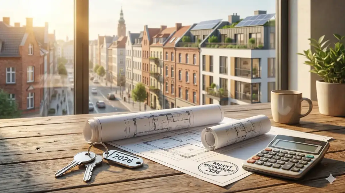 Klucze do nowego mieszkania, plany i kalkulator na stole. W tle widok na miasto i nowoczesne budynki, symbolizujące programy rządowe mieszkaniowe.