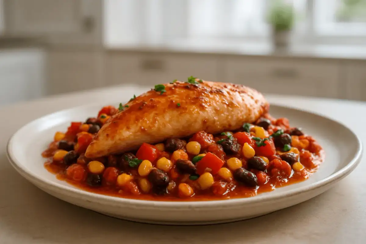 Aksamitny kurczak po meksykańsku z fasolą, kukurydzą i pomidorami, posypany świeżą natką pietruszki.