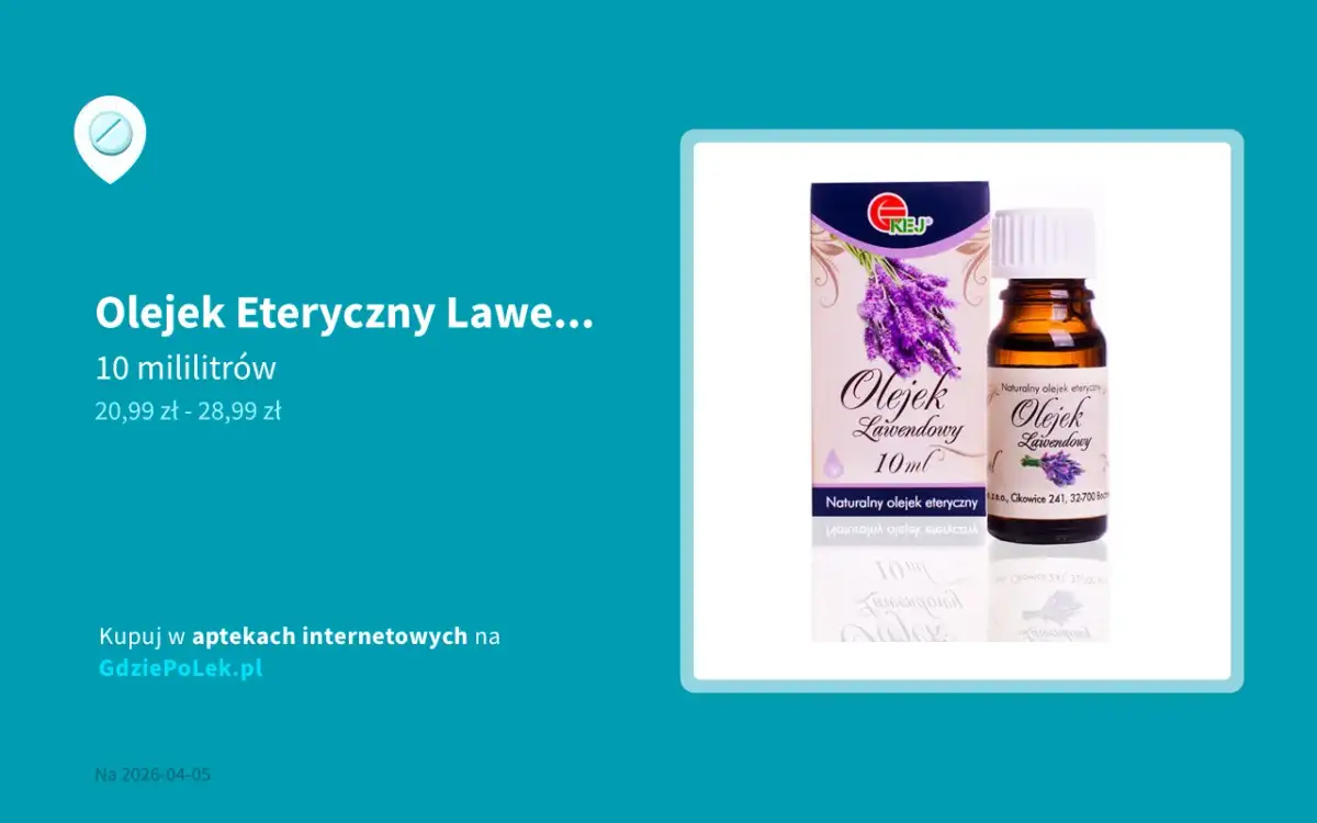 Butelka olejku lawendowego 10 ml z pudełkiem ozdobionym lawendą.