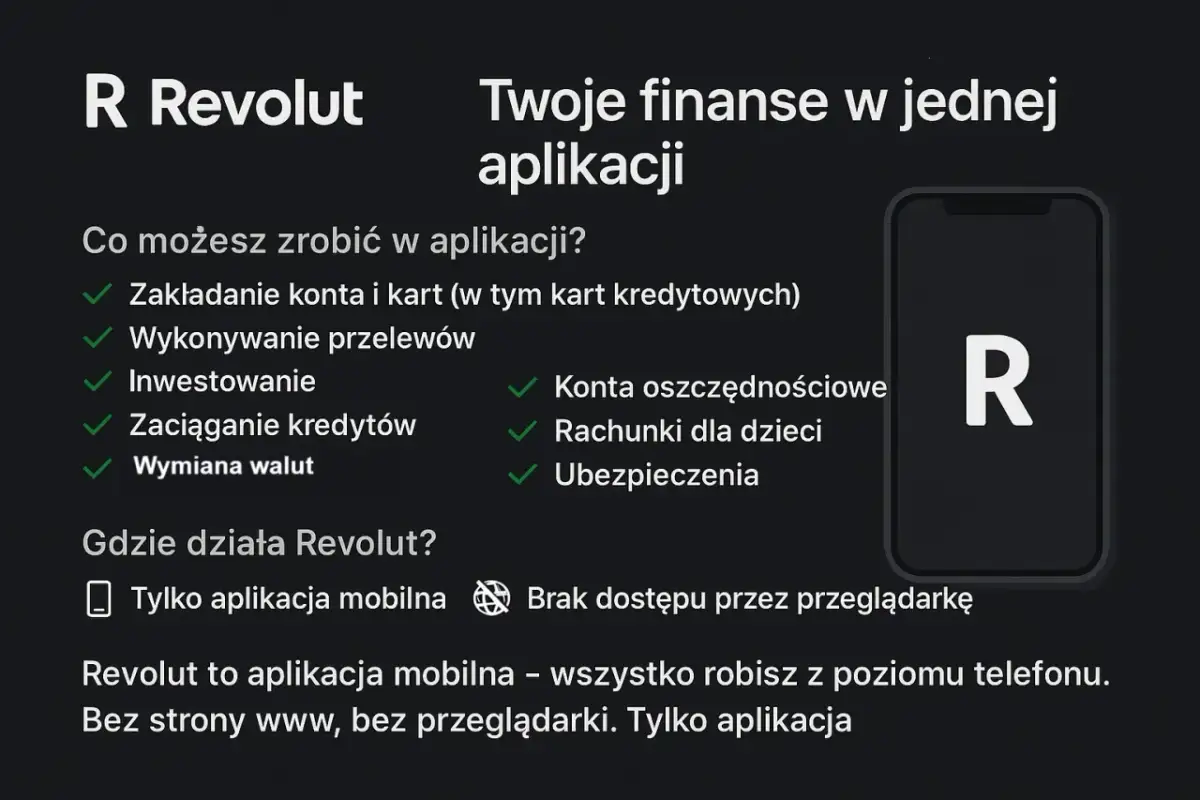 Revolut: Twoje finanse w jednej aplikacji. Załóż konto, wymieniaj waluty, inwestuj. Dostępne tylko przez aplikację mobilną.