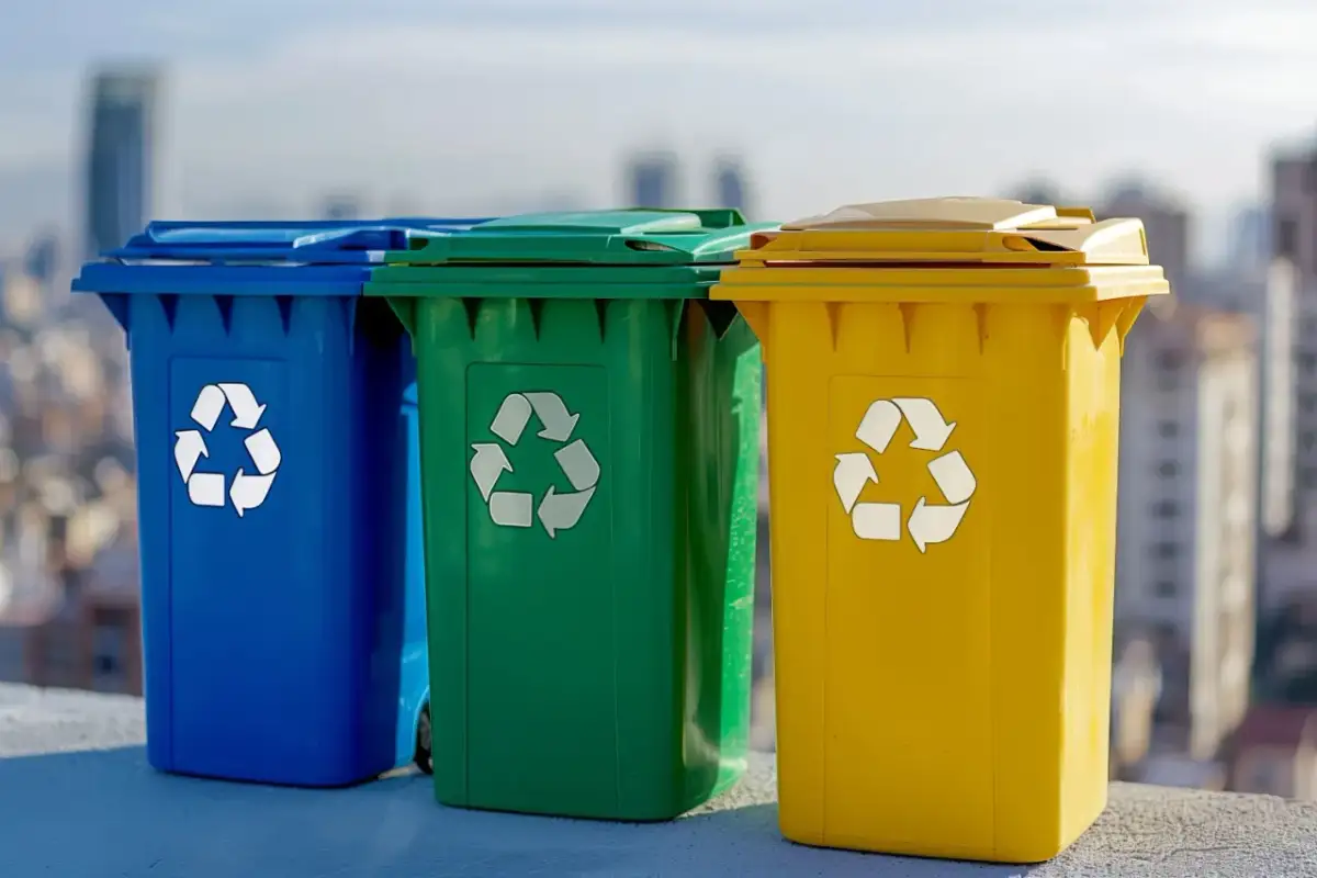 Trzy kolorowe kosze na śmieci: niebieski, zielony i żółty, z symbolami recyklingu. Uczą, jak segregować śmieci dla lepszej przyszłości.