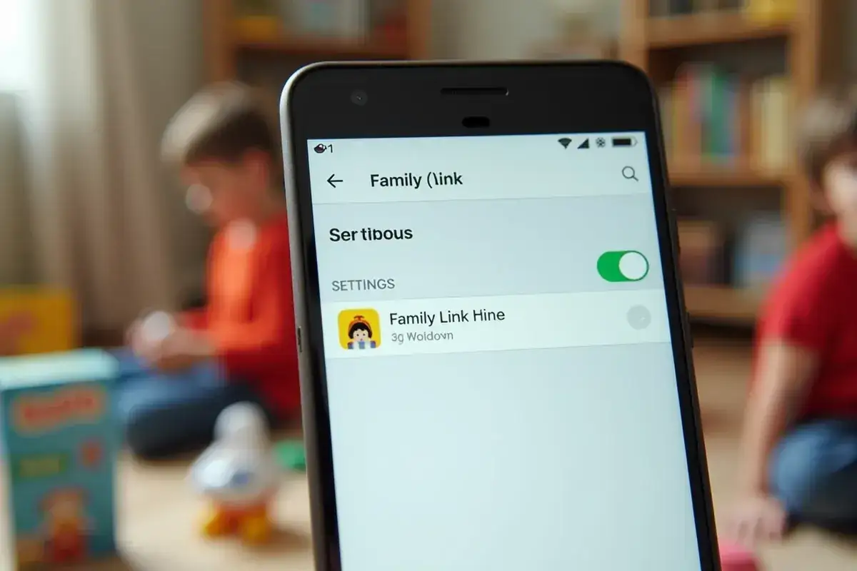 Ekran telefonu z aplikacją Family Link. Widoczna opcja "Ser tibous" i "Family Link Hine". W tle dzieci. Jak odinstalować Family Link?