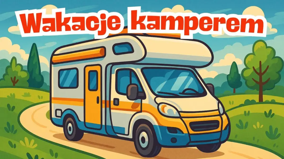 Kolorowy kamper na drodze pośród zielonych wzgórz. Czas na wakacje kamperem!