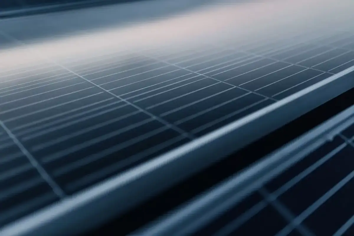 Zbliżenie na powierzchnię paneli fotowoltaicznych.