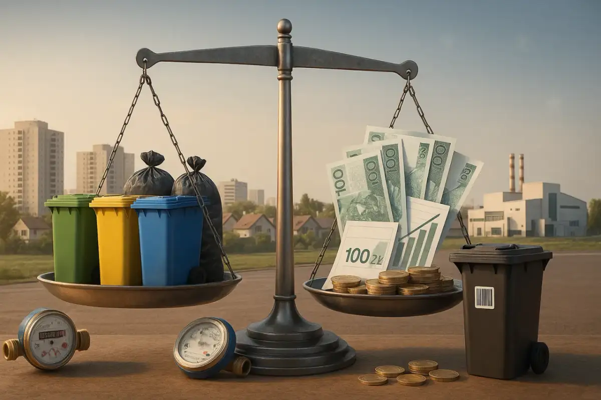 Waga szalkowa pokazuje, że śmieci czy śmiecie – oba ważą tyle samo. Po jednej stronie kolorowe kosze i worki, po drugiej pieniądze i monety.