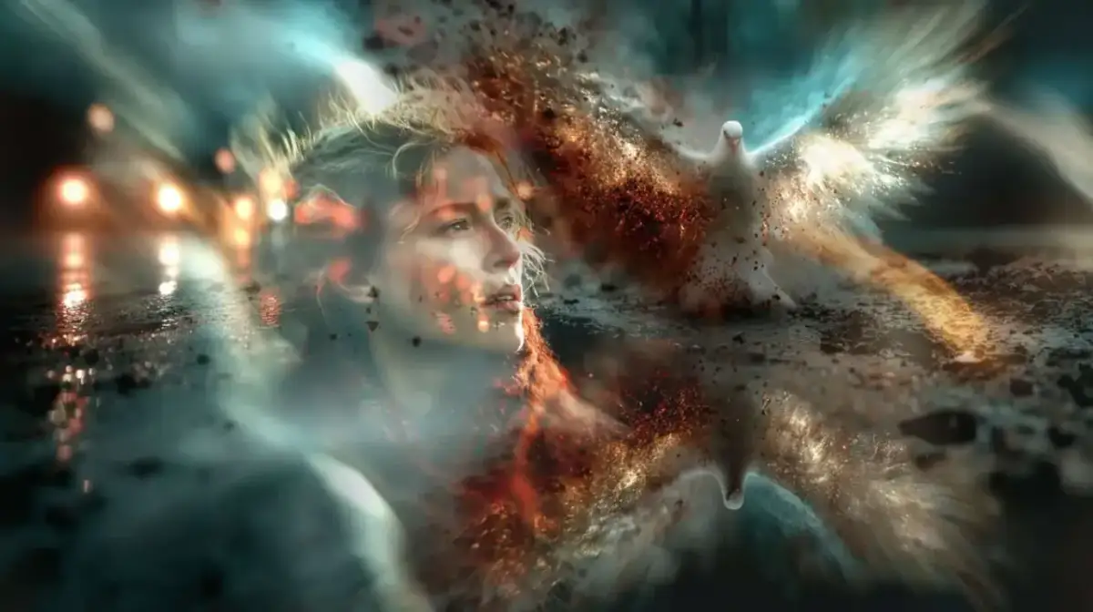 Kobieta wpatrzona w niebo, gdzie biały gołąb symbolizuje modlitwę do Ducha Świętego, rozpadając się w świetlisty pył.