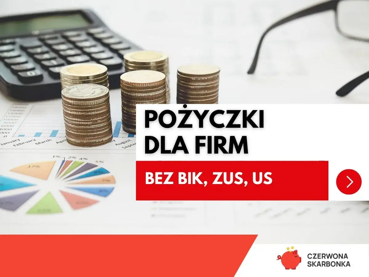 Kalkulator, monety i wykresy. Szybki kredyt dla firm bez BIK, ZUS, US. Czerwona skarbonka.