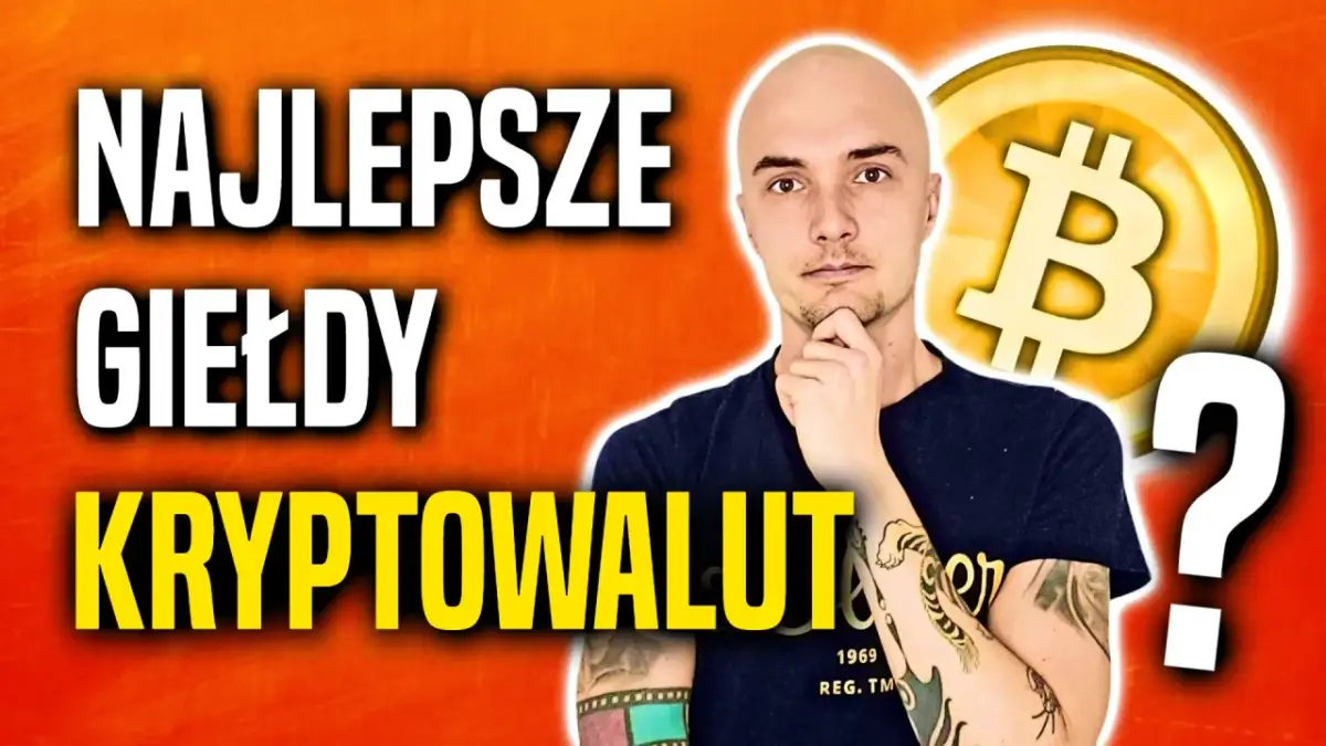 Mężczyzna zastanawia się nad najlepszą giełdą kryptowalut, obok symbol Bitcoina i znak zapytania.