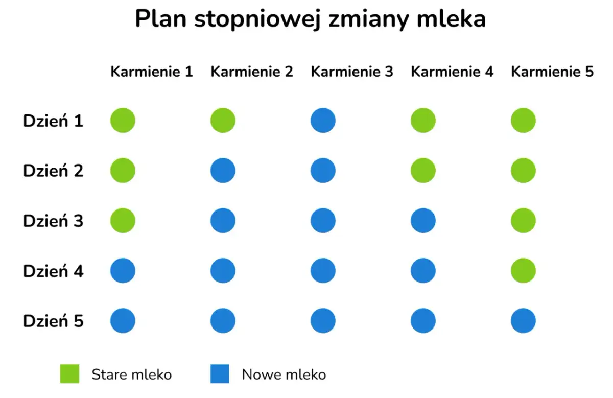 Plan stopniowej zmiany mleka z 1 na 2 Nan. Zielone kropki oznaczają stare mleko, niebieskie nowe. Stopniowo wprowadzaj nowe mleko.