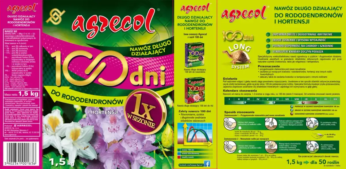 Opakowanie nawozu Agrecol 100 dni do rododendronów i hortensji z kwiatami.