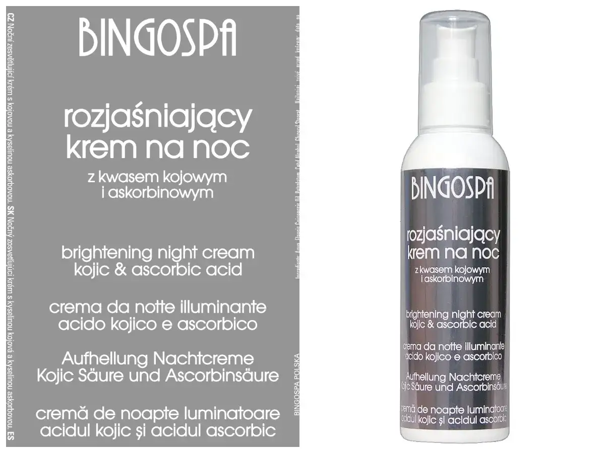 Krem rewitalizujący usuwający oznaki zmęczenia na noc BingoSpa z kwasem kojowym i askorbinowym.