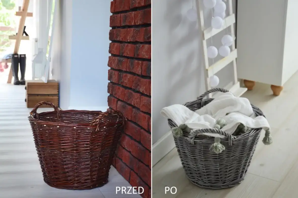 Przed i po: jak zrobić wiata na kosze na śmieci. Zmiana koloru wiklinowego kosza na szary.