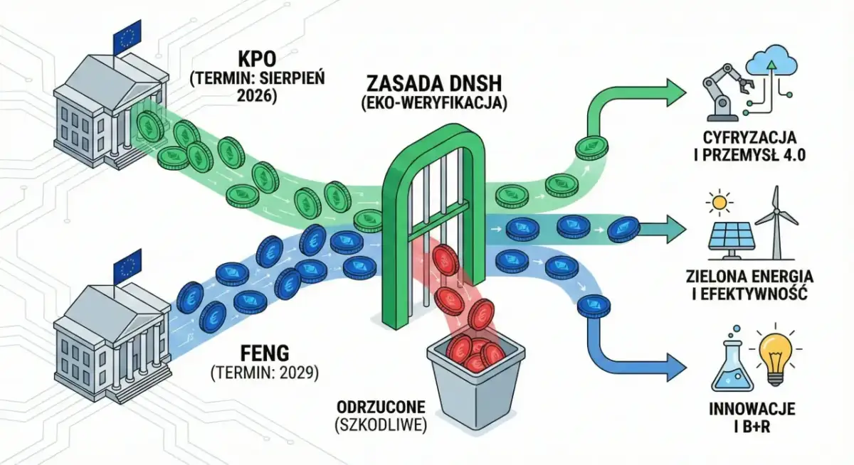 Schemat pokazuje, jak dostać dofinansowanie na firmę: środki z KPO i FENG przechodzą przez zasadę DNSH, a te zgodne z nią trafiają na cyfryzację, zieloną energię lub innowacje.