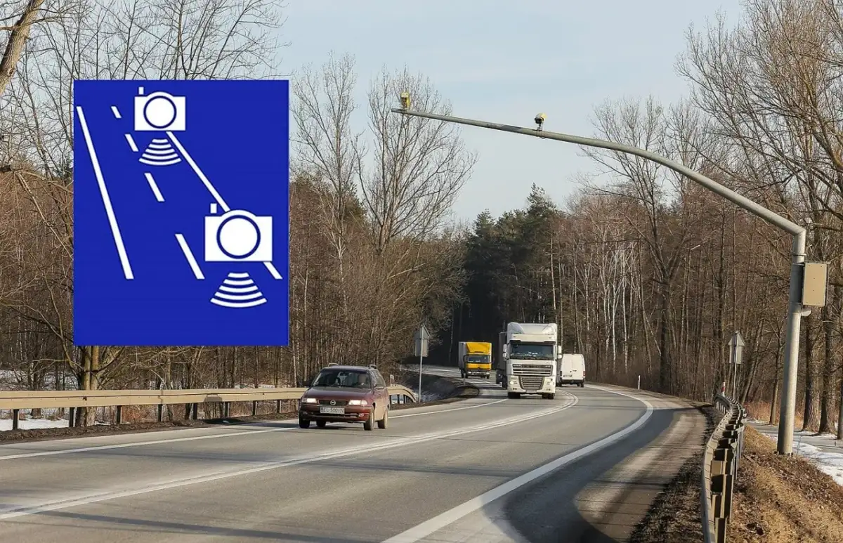 Znak informuje o odcinkowym pomiarze prędkości. Pamiętaj o zachowaniu odpowiedniej tolerancji, by uniknąć mandatu.
