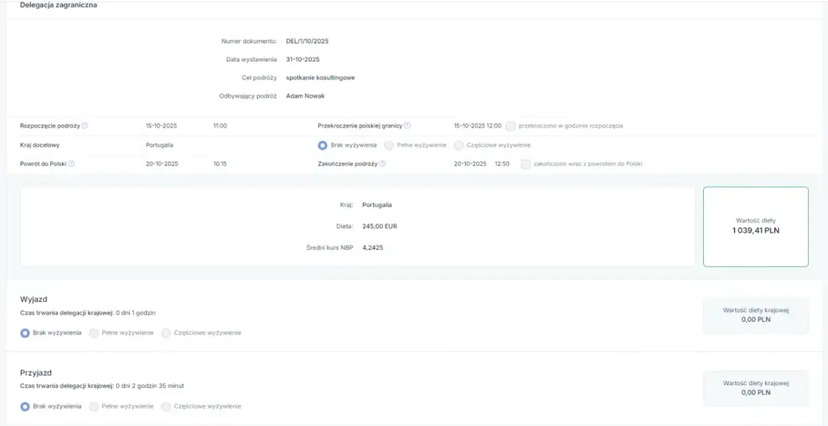 Delegacja do Portugalii, dieta 245 EUR. Wartość diety 1039,41 PLN.