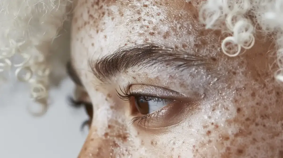 Zbliżenie na twarz z widocznymi plamami depigmentacyjnymi. Czy to vitiligo? Skóra jest pokryta nieregularnymi białymi i brązowymi przebarwieniami.