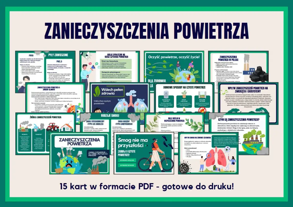 Zanieczyszczenie powietrza: jak zmniejszyć zanieczyszczenie środowiska. 15 kart PDF o jakości powietrza, jego źródłach i wpływie na zdrowie.