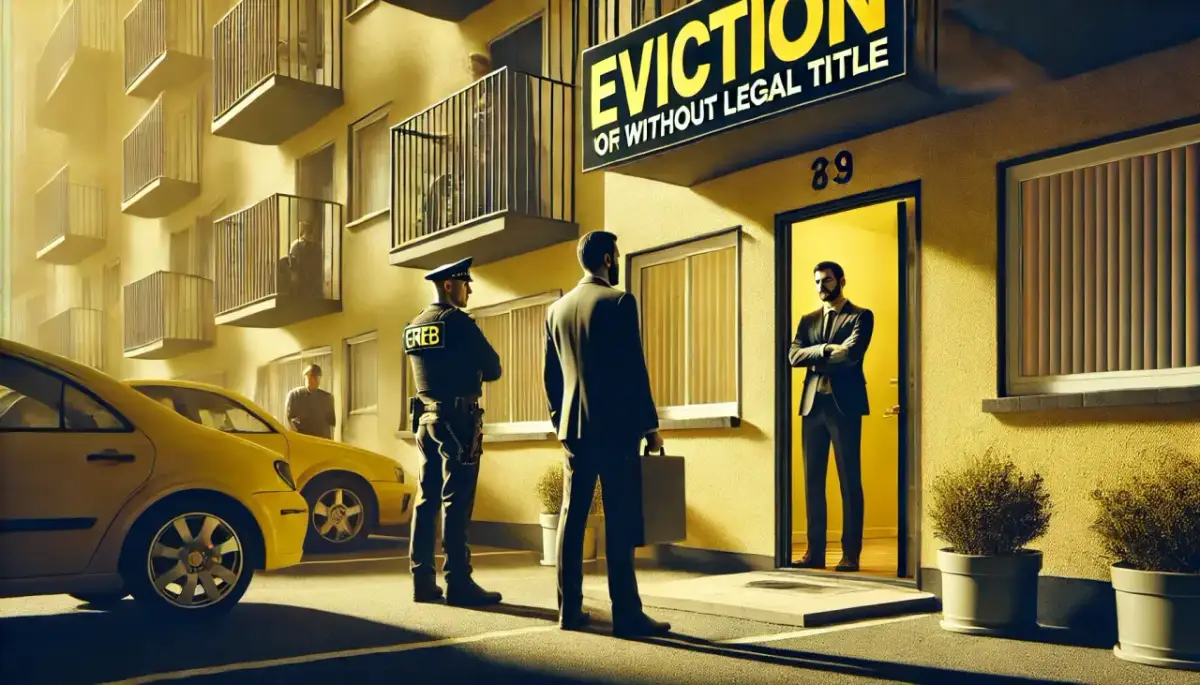 Egzekutor i mężczyzna w garniturze przed budynkiem z napisem "EVICTION". Czy można eksmitować osobę niepełnosprawną?