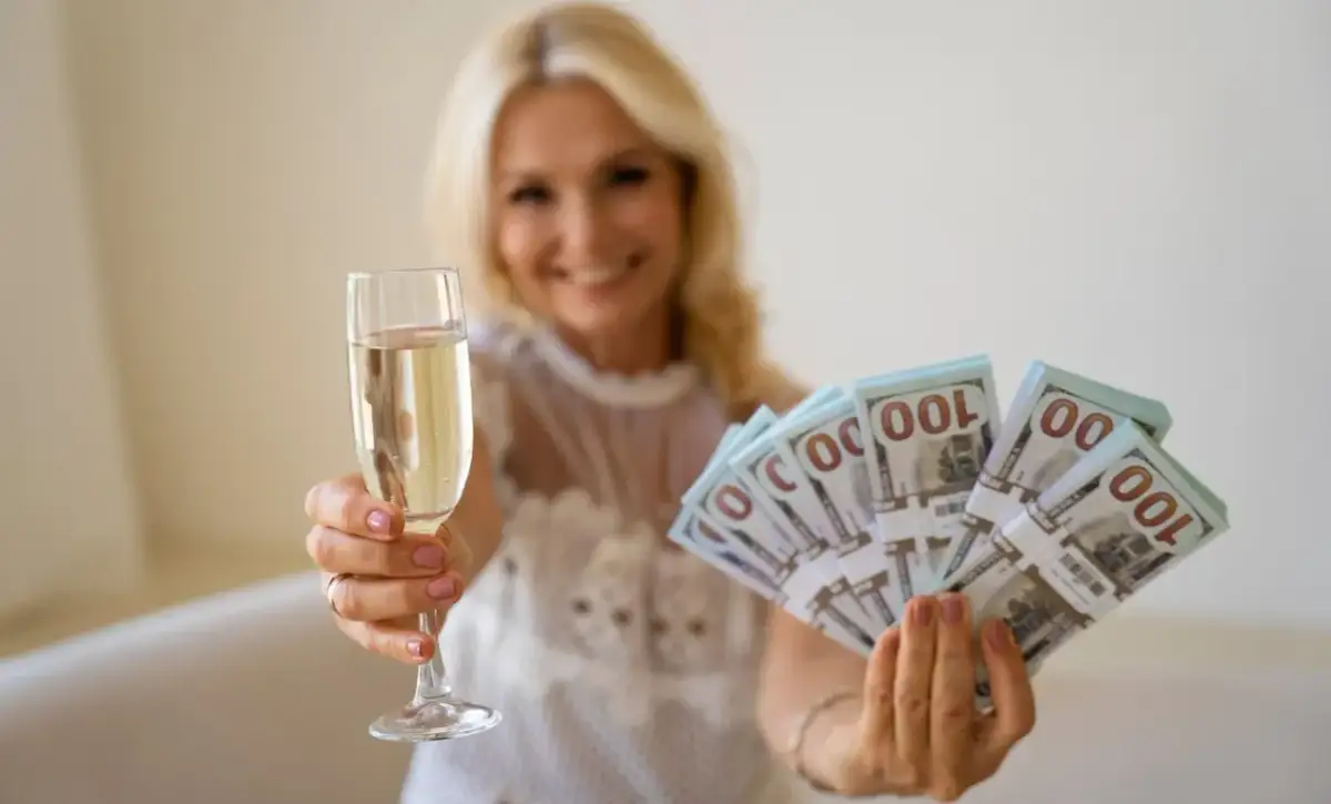Uśmiechnięta kobieta z kieliszkiem szampana i plikiem banknotów 100 USD. Zastanawiasz się, ile wypada dać na 18 urodziny?
