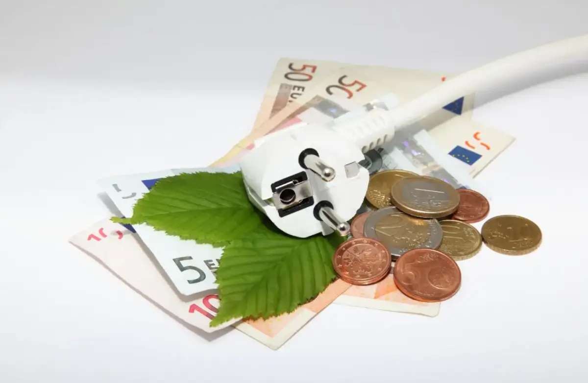 Wtyczka, liście i monety na banknotach euro symbolizują poszukiwanie, gdzie najtańszy prąd.