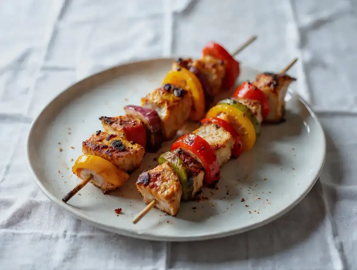 Szaszłyki z kurczaka w kolorowej marynacie z papryką i cebulą, gotowe do grillowania.