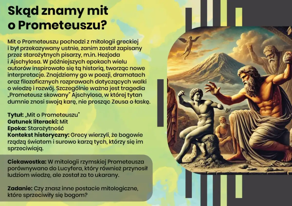 Ajschylos napisał mit o Prometeuszu, przedstawiony na obrazie jako tytan skazany na wieczne męki.