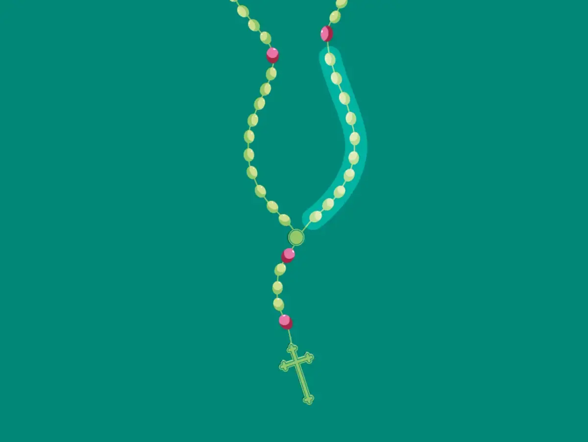 Ilustracja różańca z zaznaczonymi paciorkami, pomocna w nauce jak odmawiać różaniec krok po kroku.