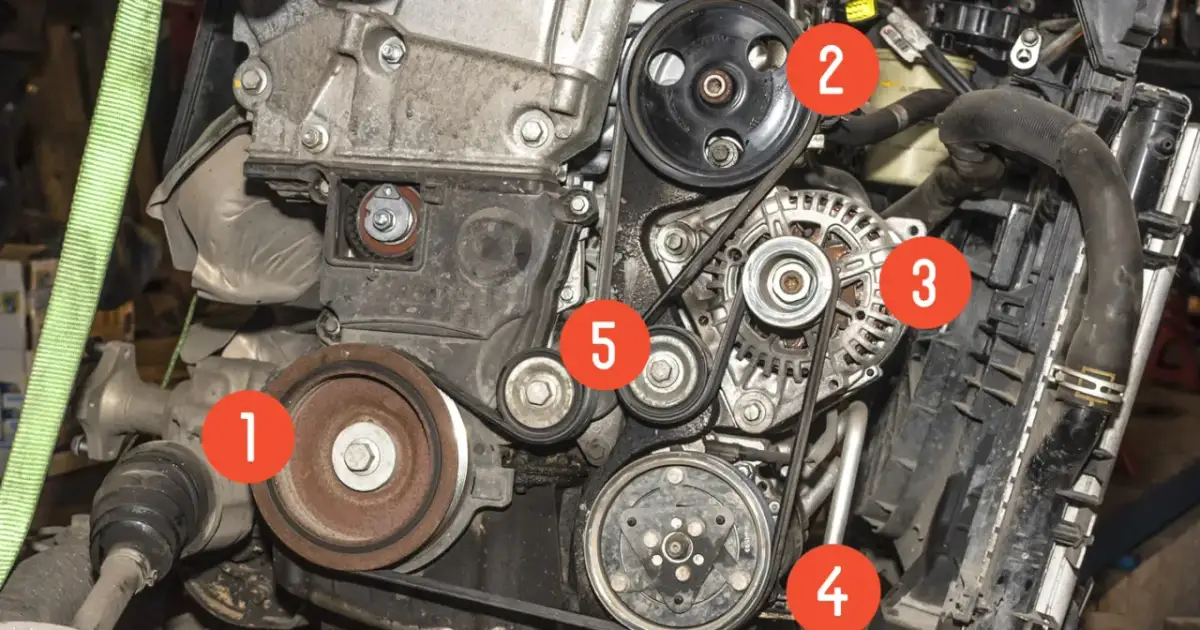 Silnik z widocznym napędem osprzętu. Numerowane koła pasowe (1-5) pokazują, jak założyć pasek klinowy.