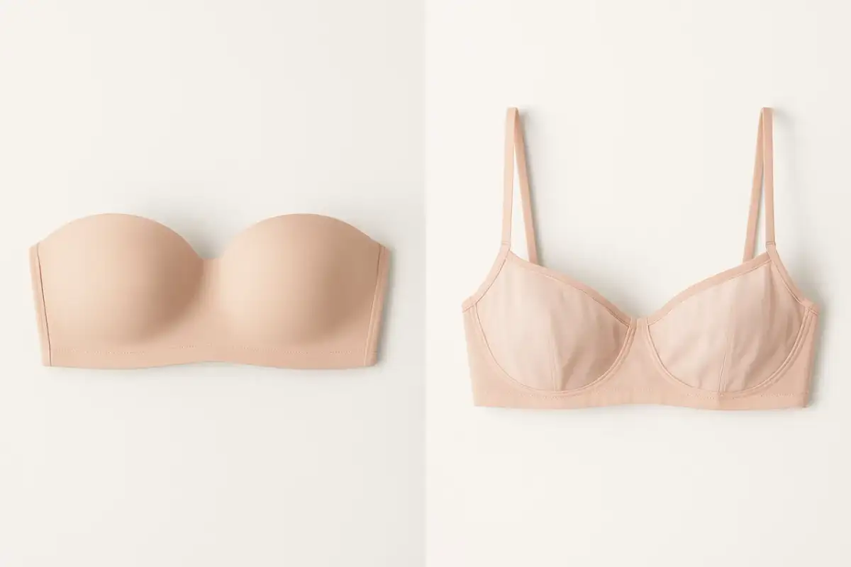 Dwa beżowe biustonosze: bez ramiączek (co to jest bardotka) i z ramiączkami.