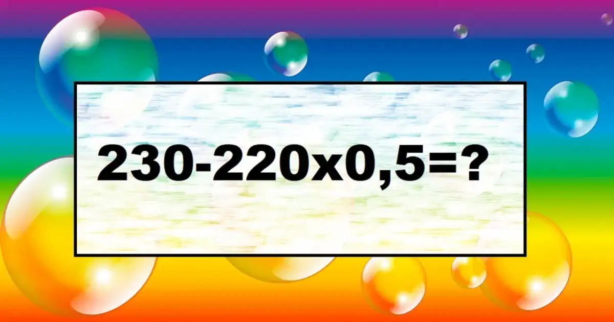 Kolorowe bańki i tęczowe tło. Na środku prostokąt z napisem: 230-220x0,5=? Rozwiąż zagadkę Jakuba 11!