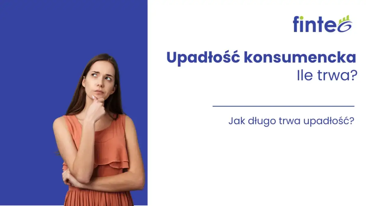 Zamyślona kobieta zastanawia się, ile sie czeka na upadłość konsumencką. Pytanie "Jak długo trwa upadłość?" widoczne na ekranie.