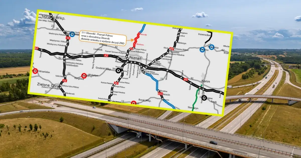 Mapa drogowa z zaznaczonym Poznaniem i trasą S11. Szukając odpowiedzi na pytanie, ile kilometrów jest z Poznania do Kołobrzegu, widzimy drogę S11 wiodącą na północ.