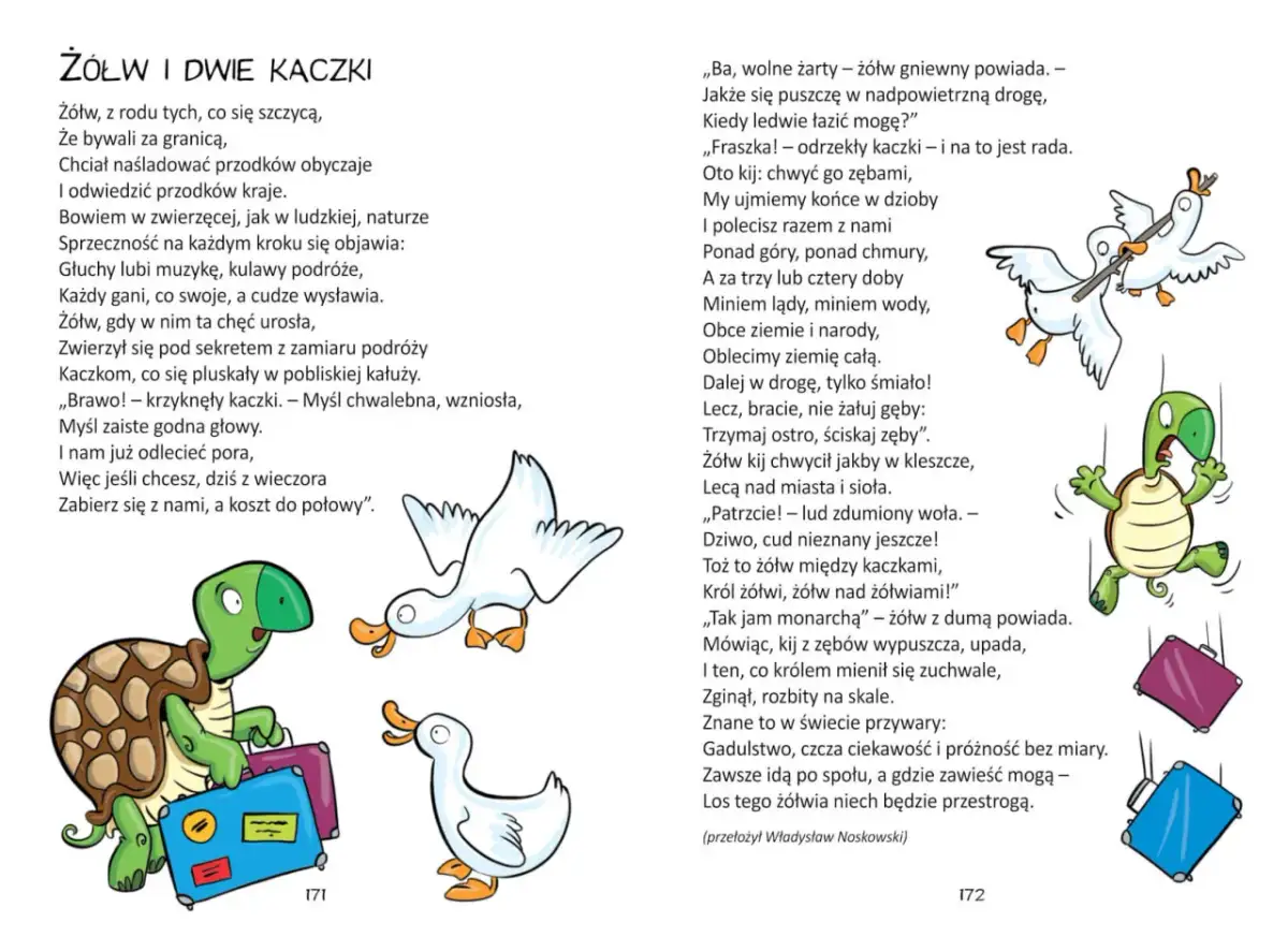 Żółw z walizkami i dwie kaczki, jedna z kijem, ilustrują wiersze z humorem o podróżach i pomysłach.