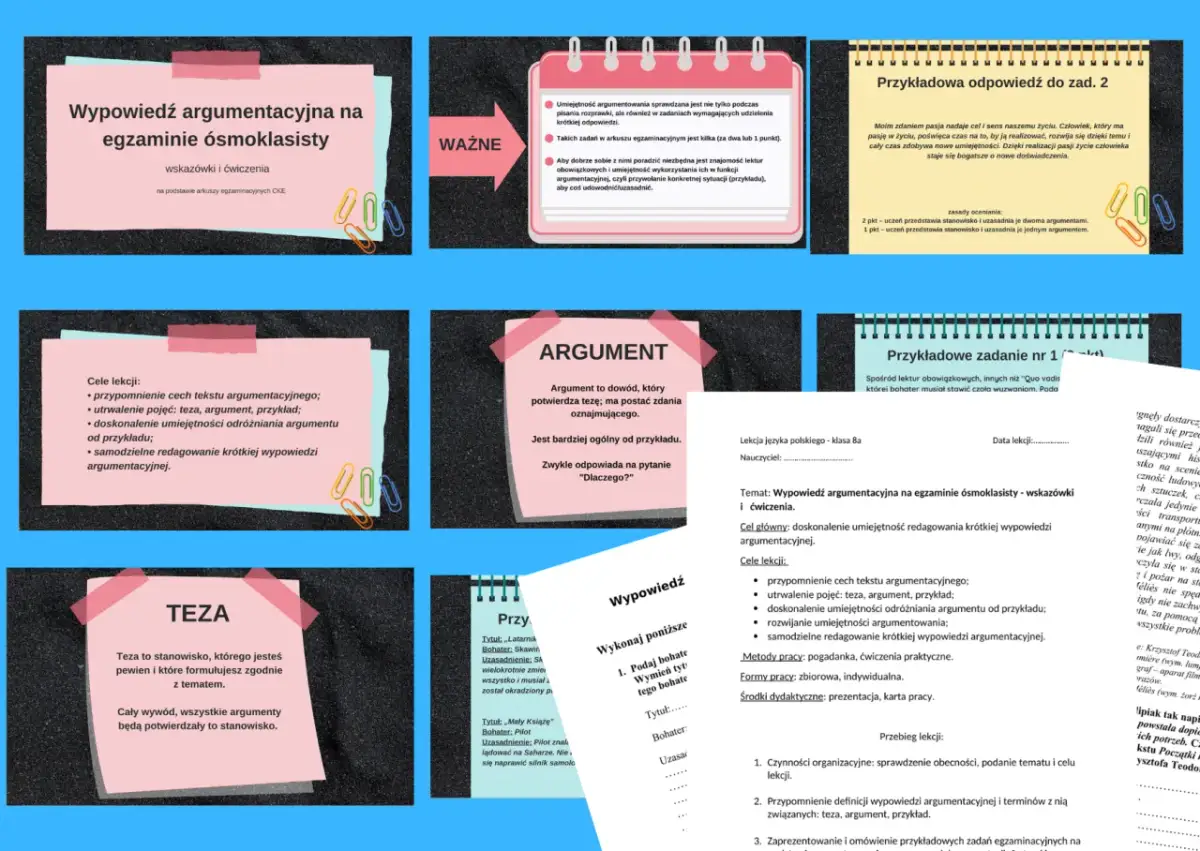 Grafika przedstawia materiały edukacyjne dotyczące wypowiedzi argumentacyjnej na egzaminie ósmoklasisty.