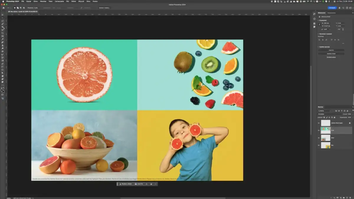 Cztery kwadratowe obrazy: połówka grejpfruta, owoce na niebieskim tle, miska owoców i chłopiec z połówkami grejpfruta.
