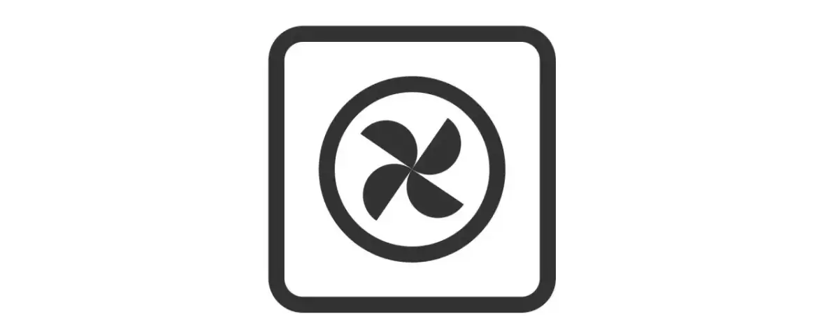 Symbol termoobiegu w piekarniku. Cztery łopatki wentylatora w okręgu, otoczone ramką.