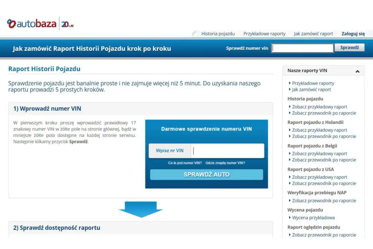 Strona autobaza.pl pokazuje, jak sprawdzić numer VIN pojazdu. Wpisz numer VIN w pole i kliknij "Sprawdź auto".