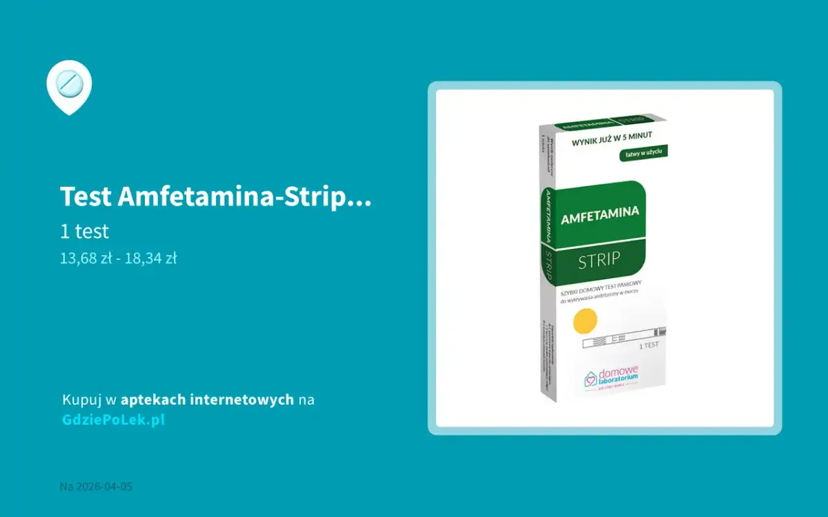 Opakowanie testu paskowego na amfetaminę "Amfetamina Strip" z napisem "Szybki domowy test".
