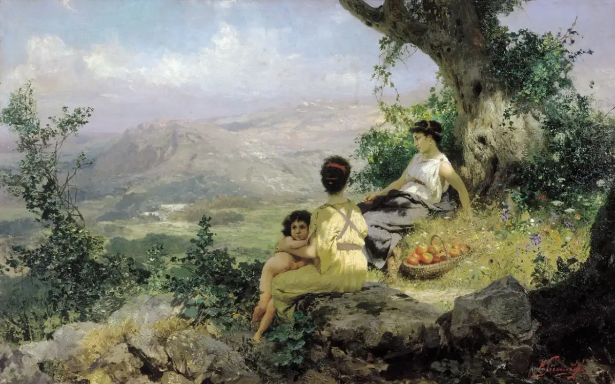 Laura i Filon odpoczywają pod drzewem, podziwiając krajobraz. Dziecko przytula się do matki, a obok koszyk z jabłkami.