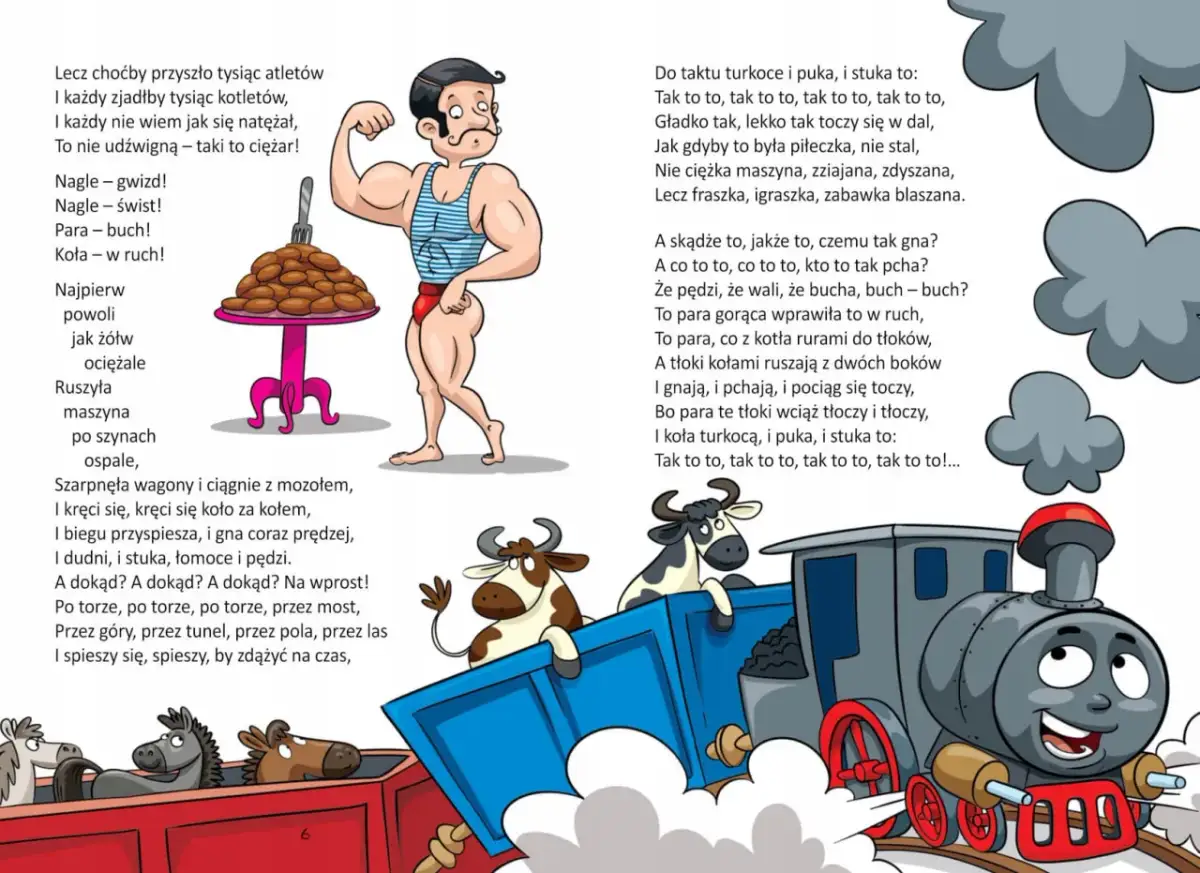 Ilustracja przedstawia muskularnego mężczyznę, lokomotywę i krowy w wagonach, z fragmentami wiersza.