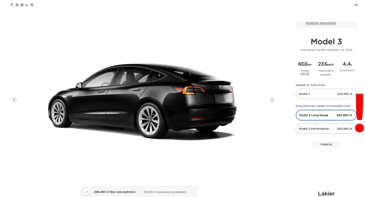 Czarny Tesla Model 3 Long Range kosztuje 284.990 zł. Sprawdź, ile kosztuje samochód Tesla.