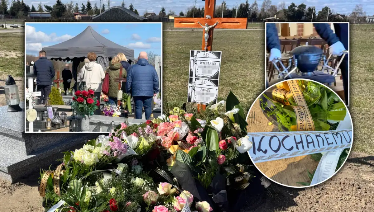 Cmentarz z namiotem pogrzebowym, krzyżem, wieńcami i zniczami.