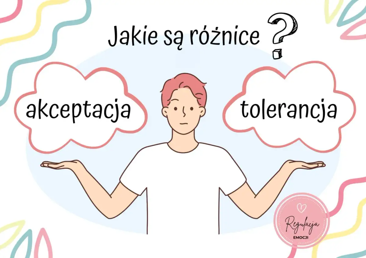 Ilustracja przedstawia postać z dwiema chmurkami: "akceptacja" i "tolerancja". Dyskutuje o rodzajach tolerancji i akceptacji.