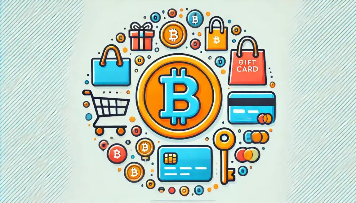 Wizualizacja pokazuje, co można kupić za kryptowaluty: prezenty, karty podarunkowe, zakupy online.